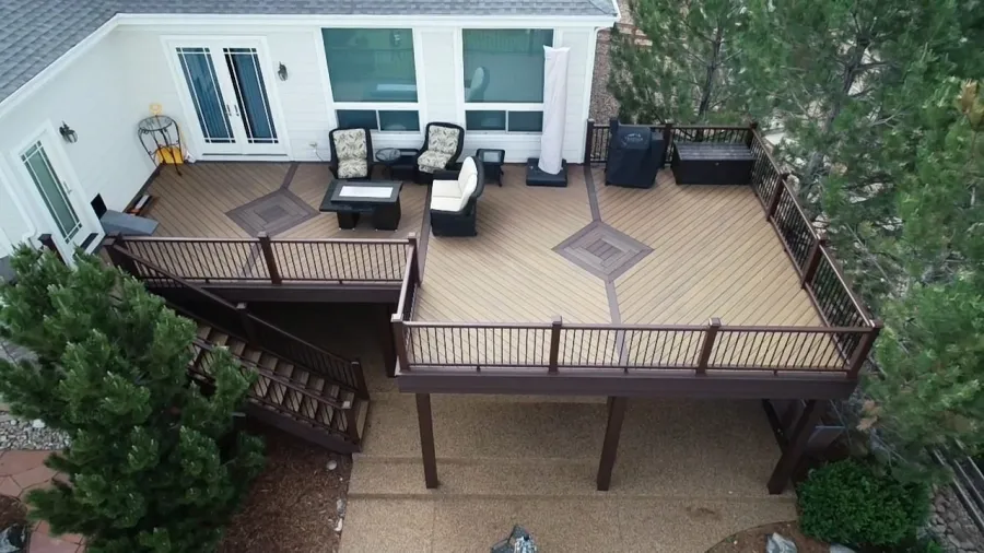 Custom Decks custom inlays main deck Trex havana gold trex railing transcend vintage lantern black round balusters parker colorado