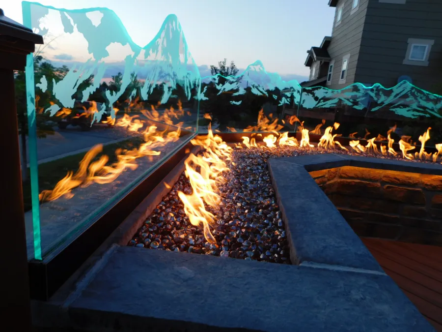 Custom Decks firepit etched glass blue LED lights aurora colorado