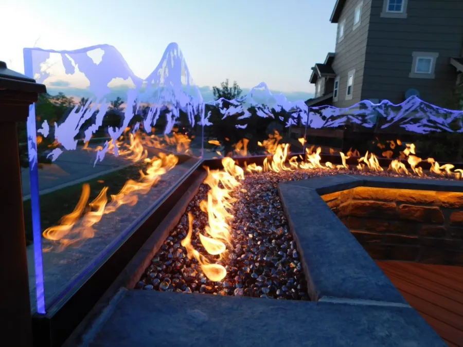 Custom Decks firepit etched glass purple LED lights aurora colorado