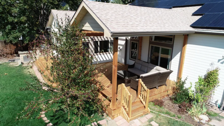Custom Decks gable roof patio cover enclosed front shade coverage cedar tongue and groove underside Golden Colorado