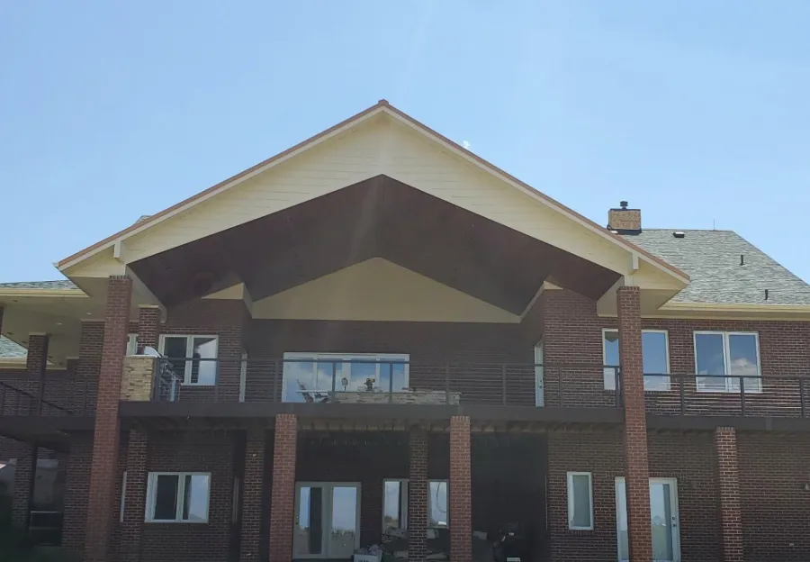 Custom Decks scissor truss design patio cover 37 span 15 can lights parker colorado