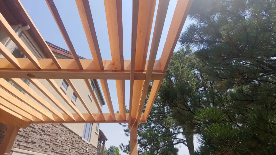 Custom Decks custom cedar pergola angled rafters Castle Rock Colorado
