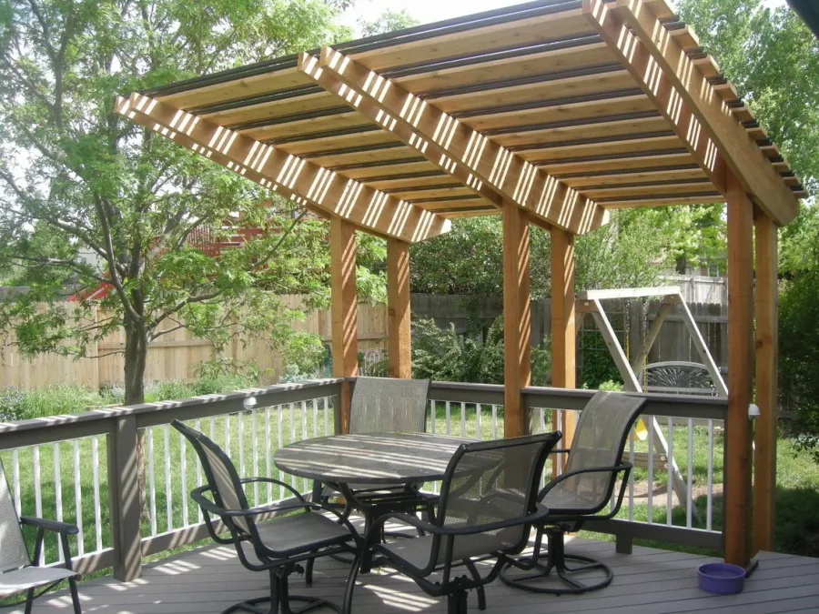 Custom Decks custom wood pergola cantelivers modern look metal accents Arvada Colorado