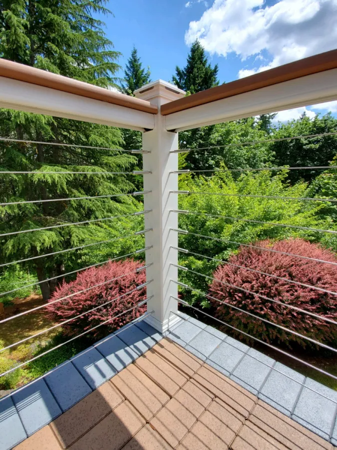 Custom Decks ASD cable rail white Trex posts top rail Timbertech cocktail cap Bellevue Washington