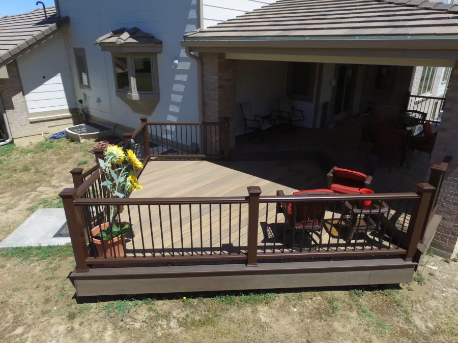 Custom Decks Trex transcend railing vintage lantern posts rails black round balusters Foxfield Colorado