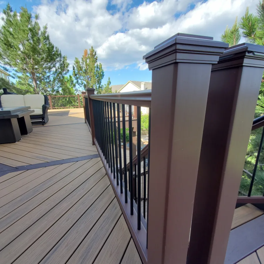 Custom Decks Trex transcend railing vintage lantern posts rails black round balusters Parker Colorado