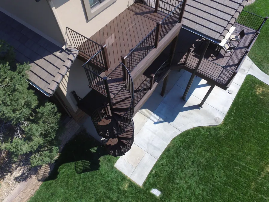 Custom Decks two story trex spiral staircase vintage lantern treads Foxfield Colorado Custom Decks two story trex spiral staircase vintage lantern treads Foxfield Colorado