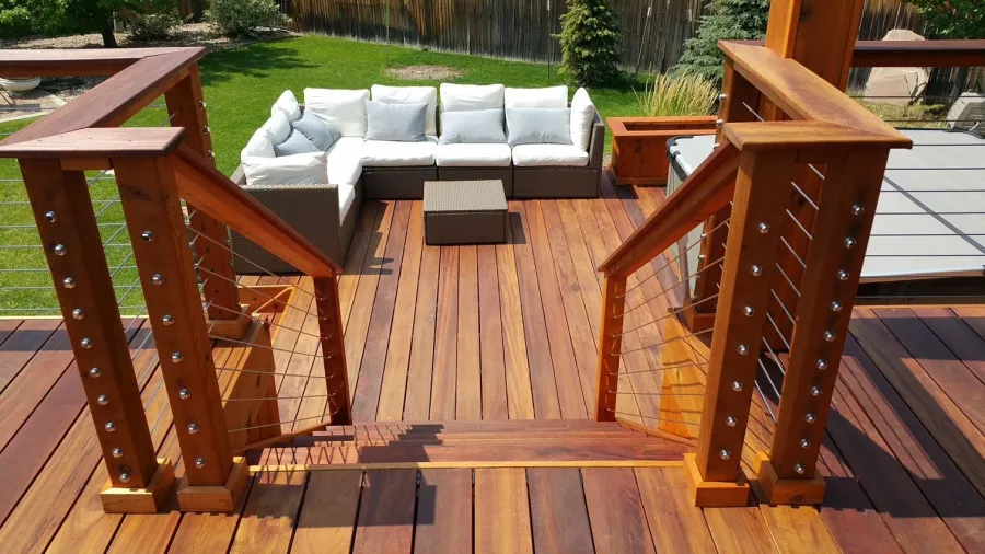 Custom Decks tigerwood deck planters cable rail tigerwood posts top cap nana wall Greenwood Village Colorado
