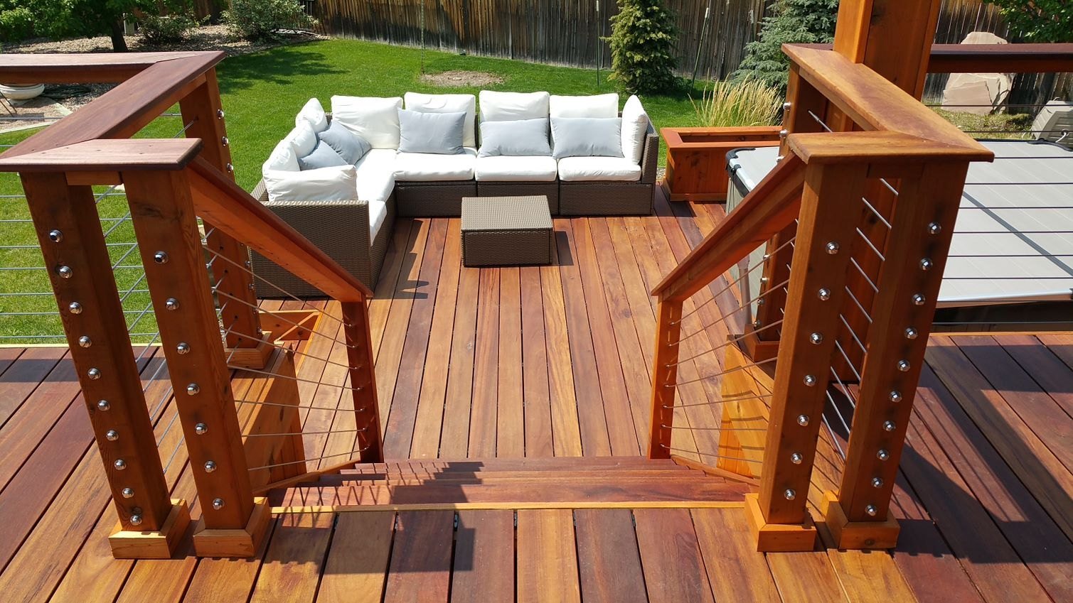 Custom Decks Tigerwood Deck Planters Cable Rail Tigerwood Posts Top Cap Nana Wall Greenwood Village Colorado